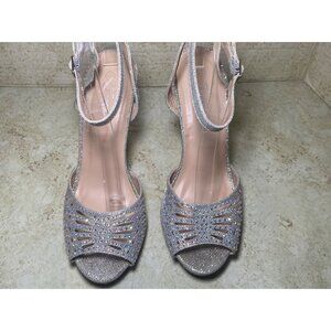 Silver Rhinestone Embellished‎ High Showgirl Heel Sandals Ankle Strap Peep Toe